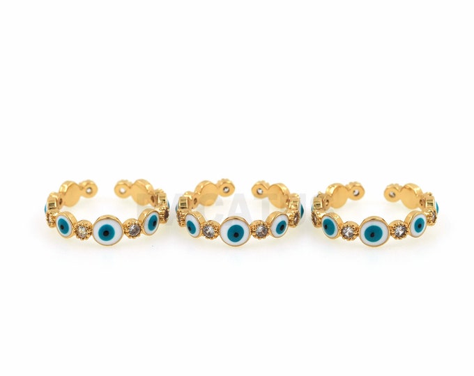 Micropavé CZ Honeycomb Ring, Gold Open Ring, 18K Gold Filled Enamel Eye Ring,Eye Charm, Enamel Charm, Adjustable Ring