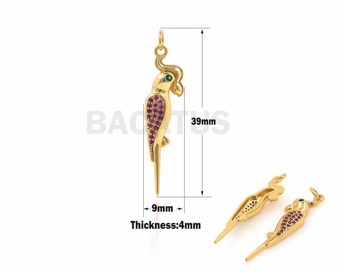 18K Gold Filled Parrot Pendant, Bird Necklace, Micropavé CZ Animal Pendant, Parrot Necklace, Parrot Charm, Bird Pendant, Bird Charm,39x9x4mm