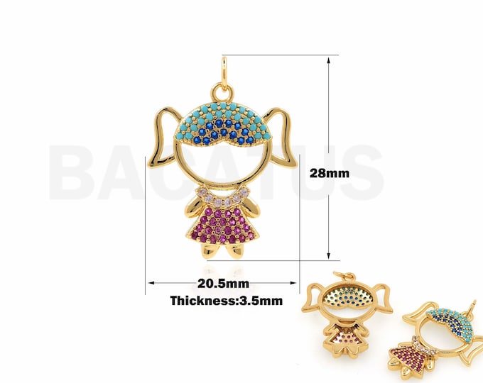Girl Pendant, Figure Charm, Micropavé CZ Kids Necklace, 18K Gold Filled Kids Charm, Cute Girl Charm, DIY Jewelry Supplies, 28x20.5x3.5mm
