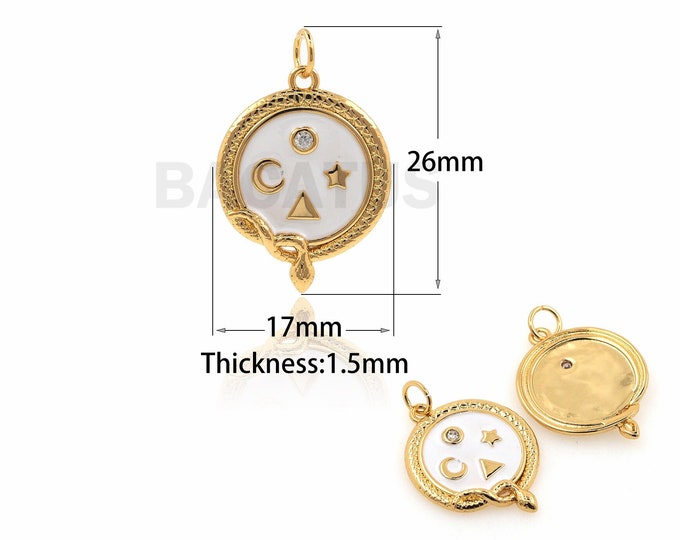 18K Gold Filled Enamel Good Luck Pendant,Good Luck Charm,Micro Pavé CZ Snake Necklace, Reptile Pendant,Snake Charm,Coin Pendant, 26x17x1.5mm