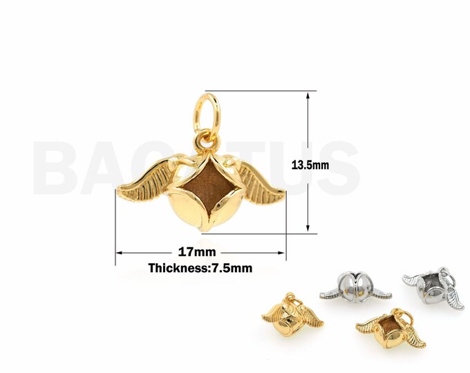 Micropavé CZ Polaris Pendant, Ball Charm, Wings Necklace, 18K Gold Filled Flying Ball Charm, DIY Jewelry Supplies, 13.5x17x7.5mm