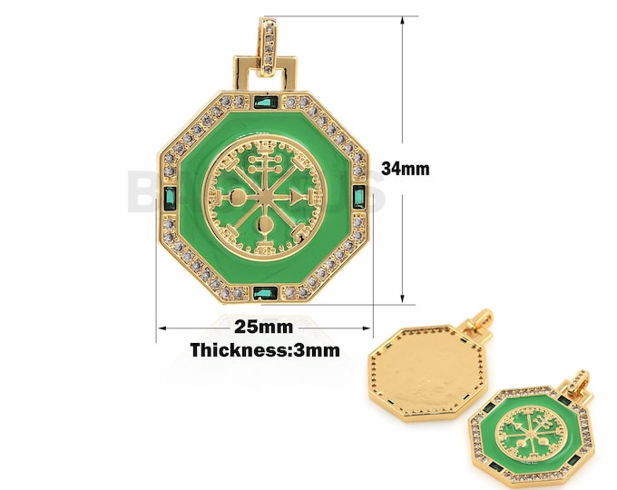 Enameled Tarot Necklace, Polygon Pendant, Good Luck Tarot Pendant, 18K Gold Filled Enamel Tarot Charm, Micropavé CZ Pendant, 34x25x3 mm