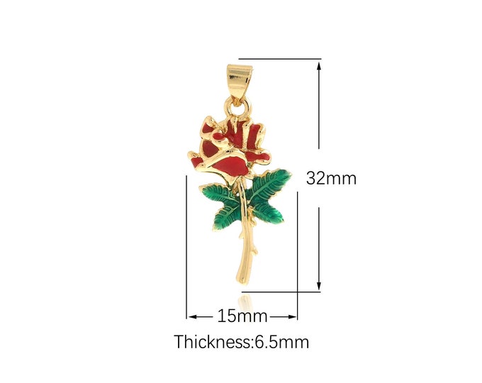 18K Gold Filled Rose Pendant Enamel Rose Flower Withered Rose Flower Necklace Flower Charm DIY Jewelry Making Supply 32x15x6.5mm