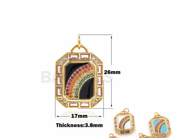 18K Gold Filled Rectangle Pendant, Medal Necklace, Rainbow Charm, Micro Pave CZ Colorful Necklace, DIY Jewelry Accessories, 26x17x3.8mm