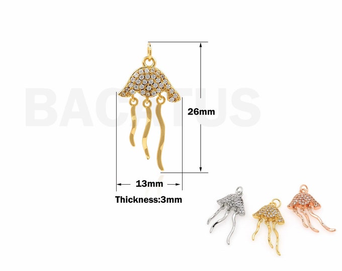 Jellyfish Pendant, Micropavé CZ Jellyfish Necklace, 18K Gold Filled Animal Necklace, Sea Life Charm, DIY Jewelry Supplies, 26x13x3mm
