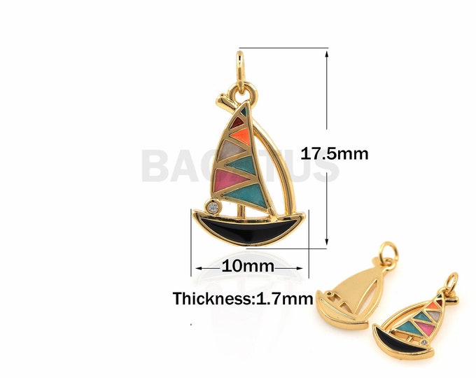 18K Gold Filled Enamel Sailboat Necklace, Sailboat Pendant, Nautical Charm, Ocean Charm, Micropavé Zircon Nautical Pendant 17.5x10x1.7mm