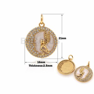 18K Gold Filled Enamel Round Coin Necklace, Moon Pendant, Angel Wing Necklace, Angel Charm, Micropavé CZ Religious Charm, 21x16x2.5mm