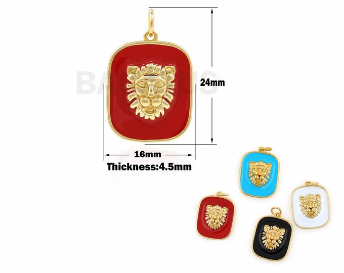 18K Gold Filled Lion Pendant, Lion Charm, Enamel Charm, Animal Pendant, Lion Head Rectangular Necklace, DIY Jewelry Accessories, 24x16x4.5mm