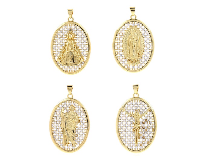 Jesus Charm, Our Lady Charm, 18K Gold Filled Oval Pendant, Pope Charm, Micropavé CZ Saint Benedict Charm, DIY Jewelry Supplies, 42.2x26x6mm
