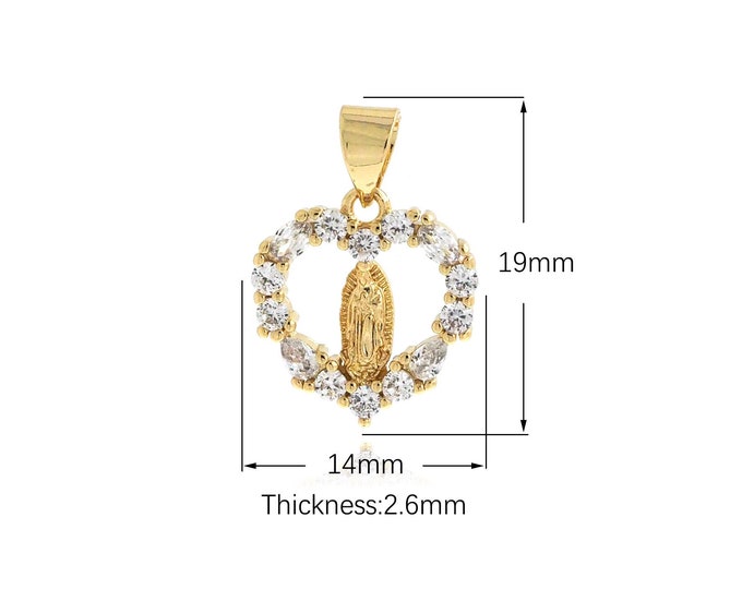 18K Gold Filled Virgin Mary Pendant,Gold Dainty Religion Charms,CZ Heart Charm Bracelet Necklace for DIY Jewelry Making Supply,19x14x2.6mm