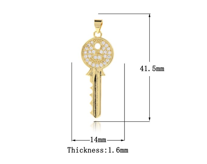 18K Gold Filled Simple pendant Micropavé CZ Key Pendant,Gold Dainty Key Charms,Bracelet Necklace for DIY Jewelry Making Supply,41.5x14x1.6mm