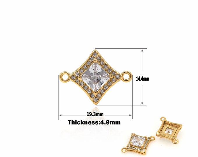 1PCS 18K Gold Filled Square Connector, CZ Square Connector, Square Pendant, DIY Jewelry Making Accessories Cubic Zirconia 14.4x19.3x4.9mm