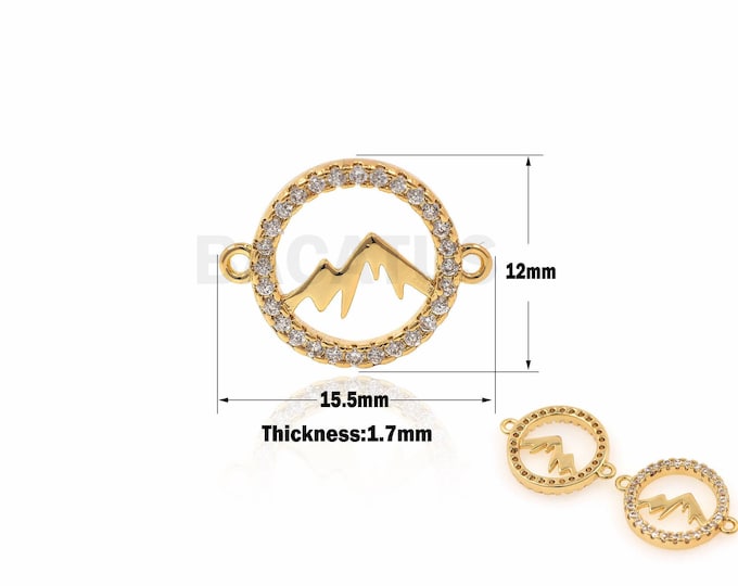 1PCS 18K Filled Gold Hollow Round Mountain Connector, CZ Micro-Pave Mountain Bracelet, Mountain Charm 12x15.5x1.7mm