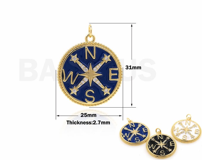 Micropavé CZ Enamel Charm, Round Compass Pendant Polaris Jewelry Disc Charm DIY Jewelry Supplies, 31x25x2.7mm
