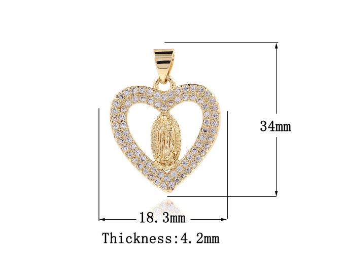 18K Gold Filled Virgin Mary Pendant,Gold Dainty Religion Charms,CZ Heart Charm Bracelet Necklace for DIY Jewelry Making Supply,34x18.3x4.2mm