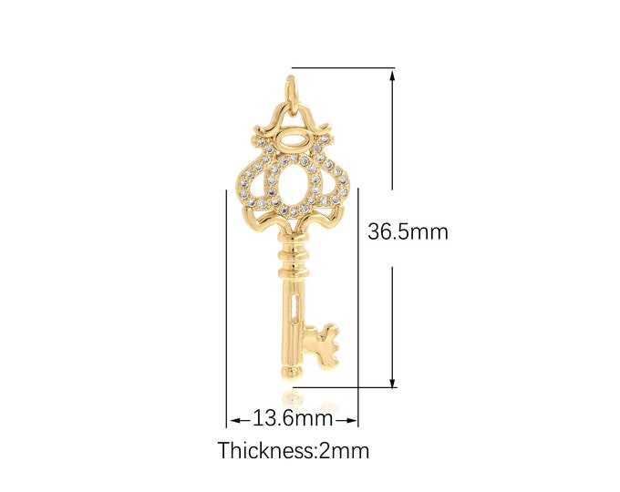 Gold Key Charms,18K Gold Filled Simple pendant Micropavé CZ Key Pendant,Bracelet Necklace for DIY Jewelry Making Supply,36.5X13.6X2mm