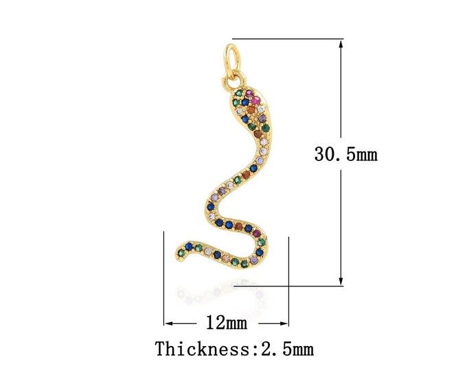 18K Gold Filled Snake-Shaped Pendant, Micro-Pavé CZ Snake Pendant, Snake Charm. Cubic Zirconia Jewelry Pendant 12x30.5x2.5mm