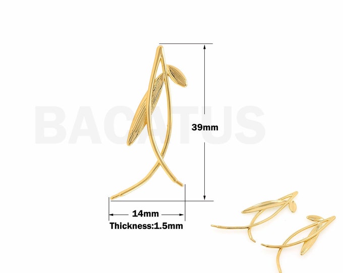 18K Gold Filled Branch Pendant, Leaf Charm, Plant Necklace, Leaf Pendant, Branch Necklace, DIY Jewelry Supplies, 39x14x1.5mm