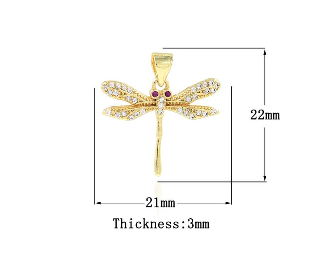 Insect Necklace, Micropavé CZ Dragonfly Necklace, 18K Gold Filled Dragonfly Charm, Insect Pendant, DIY Jewelry Supplies, 21x22x3mm