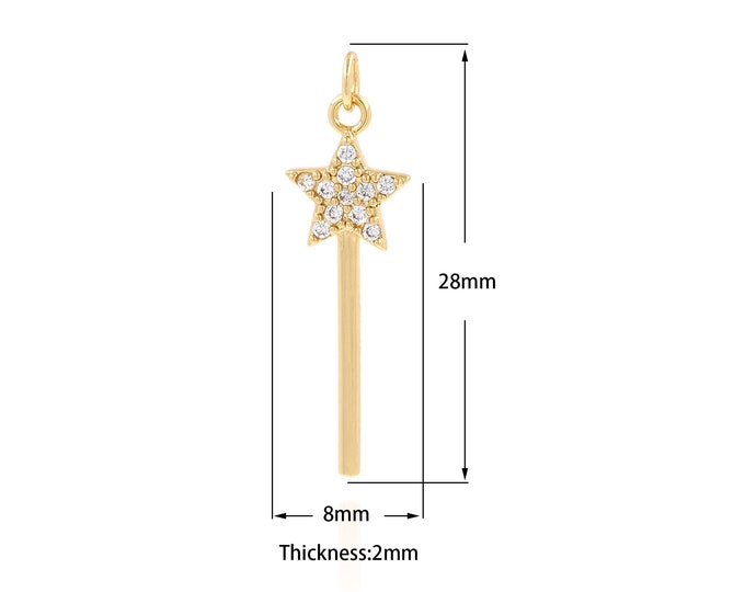 Pentagram Pendant, Scepter Charm, 18K Gold Filled Pentacle Necklace, Polaris Charm, Micropavé CZ Wand Pendant, DIY Jewelry Supplies,28x8x2mm
