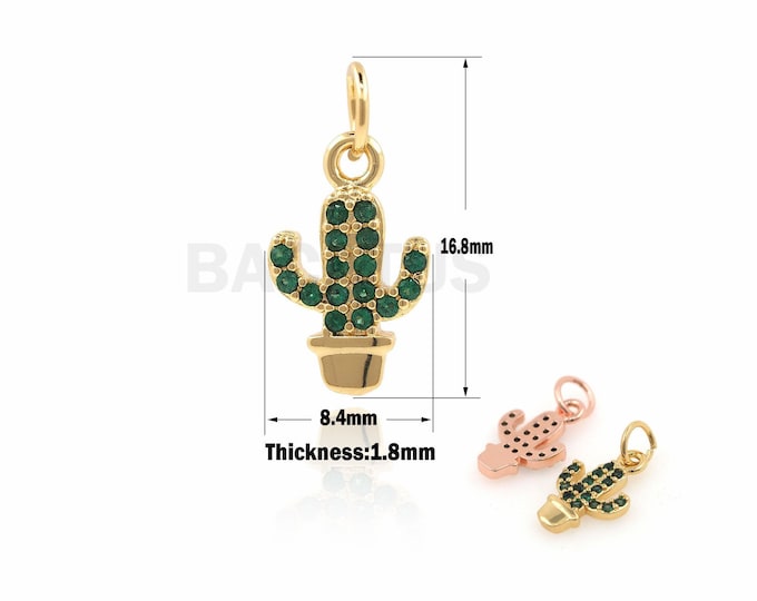 1PCS Micro Pave Green Cactus Charm，Gold Plated Cactus For Pendants Necklaces Bracelets 16.8x8.4x1.8mm