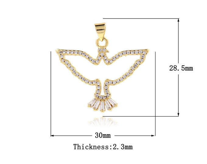 Eagle Pendant, 18K Gold Filled Bird Charm, Flight Necklace, Micro Pave CZ Animal Charm, DIY Jewelry Supplies, 28.5x30x2.3mm