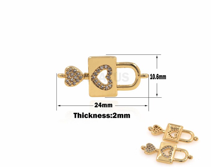 1PCS Key Lock Connector,Love Lock Charm DIY Jewelry Making Accessories 18K Cubic Zirconia Love Charm Jewelry Accessories 10.6x24x2mm