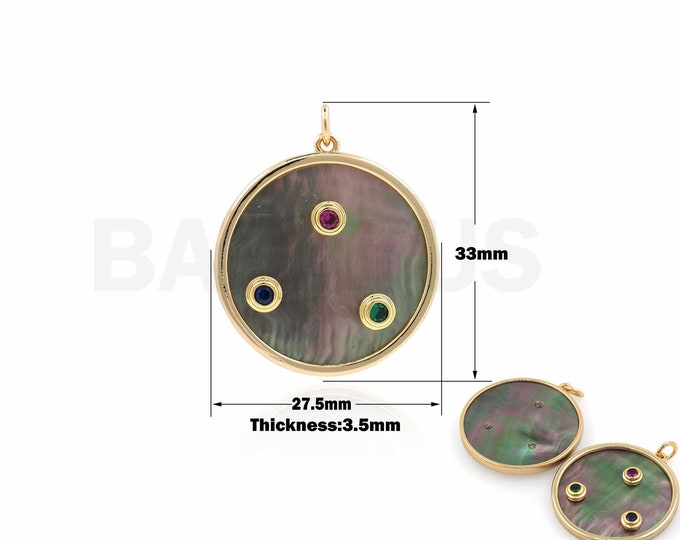 Shell Pendant, 18K Gold Filled Mother of Pearl Necklace, Micropavé CZ Round Charm, Disc Necklace, DIY Jewelry Supplies, 33x27.5x3.5mm