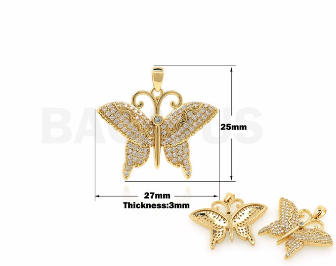 Butterfly Pendant,Micropavé CZ Insect Necklace, 18K Gold Filled Flying Charm,Butterfly Jewelry,Gift For Her, DIY Jewelry Supplies, 25x27x3mm