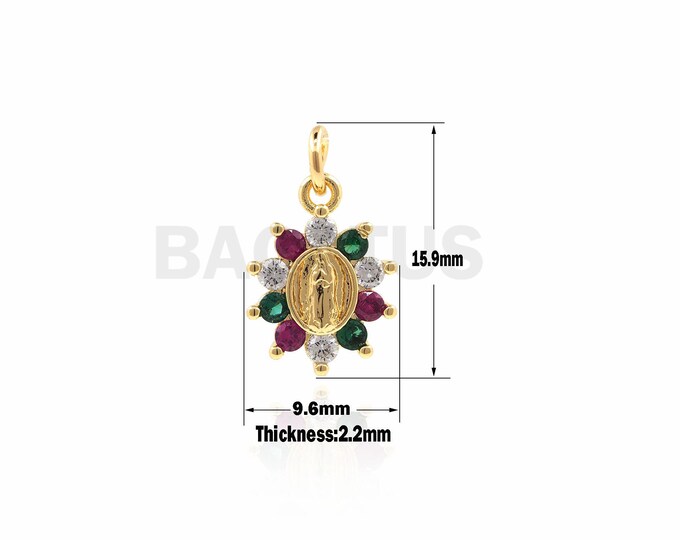 Round colorful Mary Mother Coins,Micro Pave  Religious Charms,marry mother flower Pendant 15.9x9.6x2.2 mm 1PCS