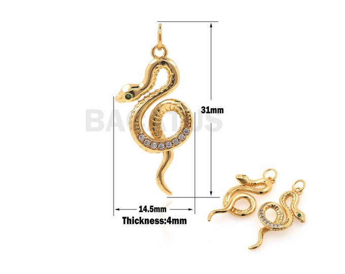 18K Gold Filled Snake-shaped Pendant, Snake-shaped Necklace Pendant, DIY Jewelry Accessories, Micro-pavé CZ Animal Pendant 31x14.5x4mm