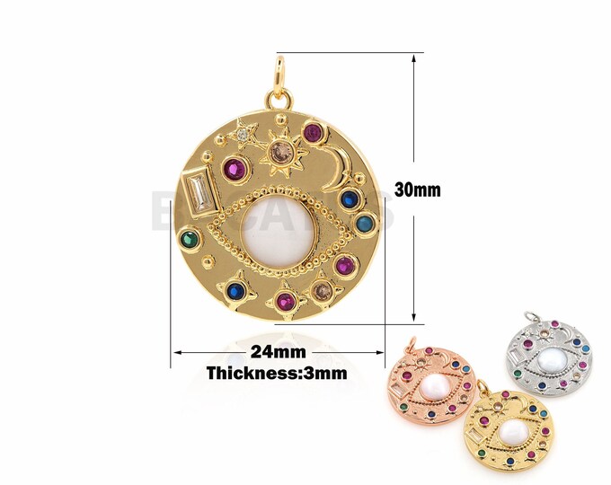 18K Gold Filled Enamel Eye of Horus Round Pendant, Micropavé CZ Eye Pendant, Moon Necklace, Star Charm, Crescent Charm 30x24x3mm