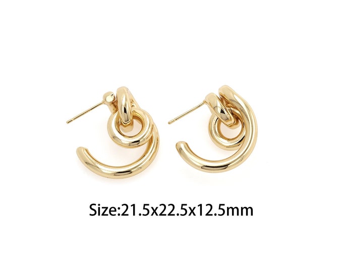 1 Pair, Gold Stud Earrings, Exquisite Everyday Earrings,  18K Gold Filled Stud Earrings, Line Earrings, Gift For Her 21.5x22.5x12.5mm