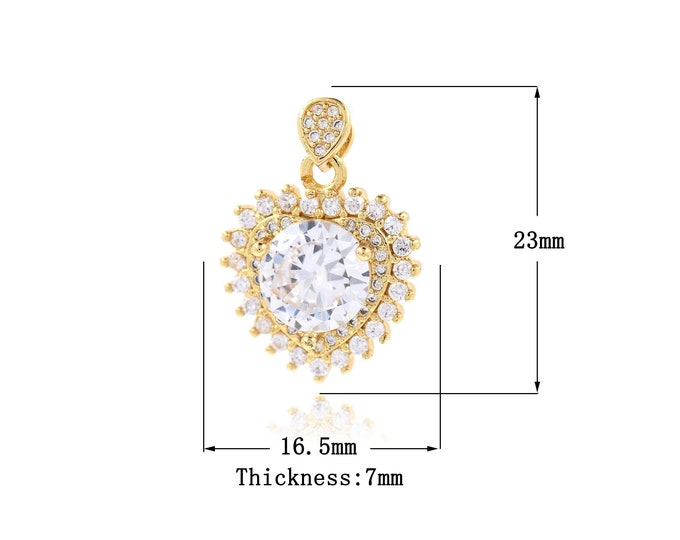 Gold Heart Charms,18K Gold Filled Heart Pendant,CZ Heart Charm Bracelet Necklace for DIY Jewelry Making Supply,23x16.5x7mm
