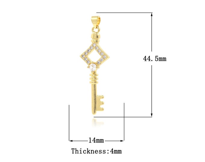 Gold Key Charms,18K Gold Filled Square pendant Micropavé CZ Key Pendant,Bracelet Necklace for DIY Jewelry Making Supply,44.5x14x4mm