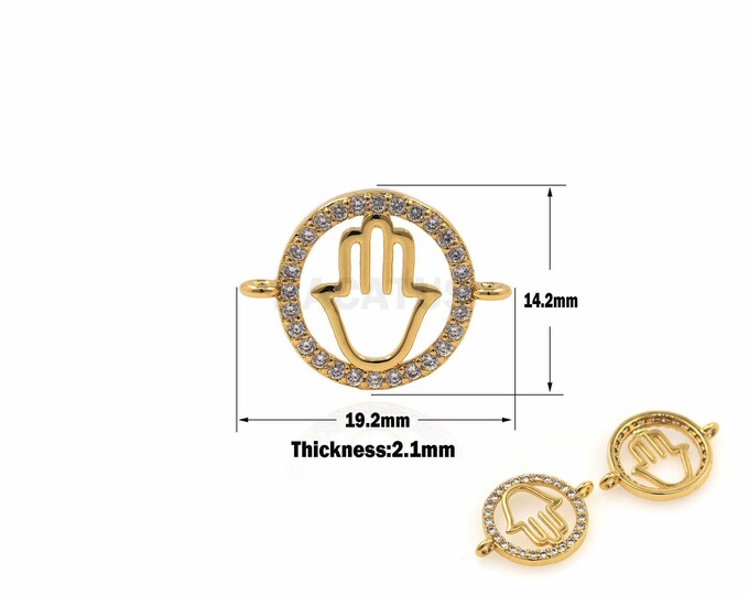 1PCS Round Micro-Pave CZ Zirconia Hollow Fatima Hamsa Hand Inner Connector Charm DIY Jewelry Making Gold Filling 14.2*19.2*2.1mm