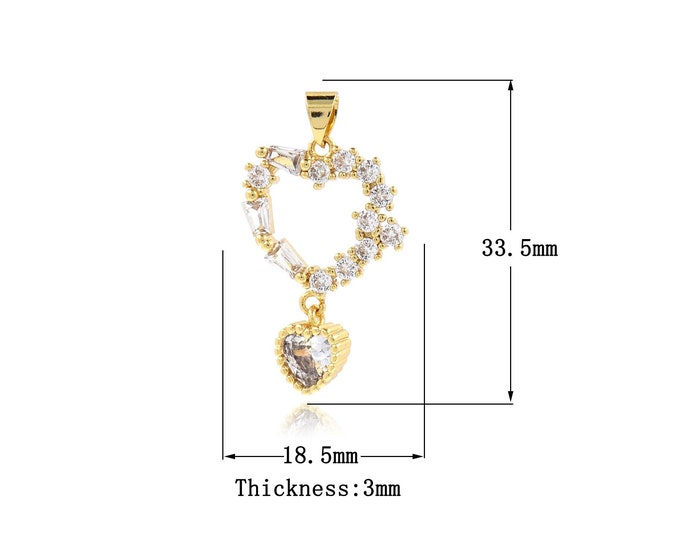 Gold Heart Charms,18K Gold Filled Heart Pendant,Micro Pave CZ  Heart Charm DIY Jewelry Making Supply,33.5x18.5x3mm