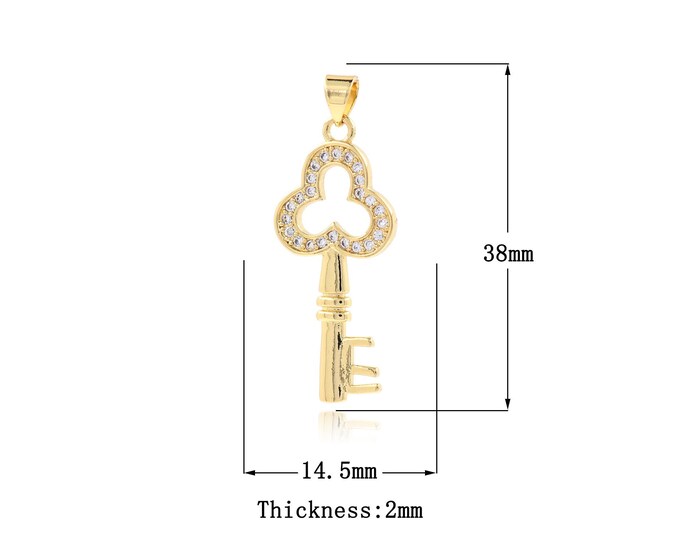 Gold Key Charms,18K Gold Filled Simple pendant Micropavé CZ Key Pendant,Bracelet Necklace for DIY Jewelry Making Supply,38x14.5x2mm