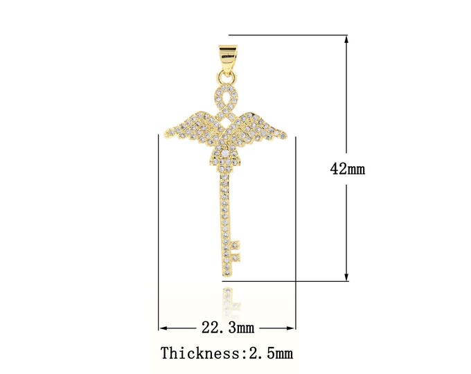 Wings Charm, 18K Gold Filled Key Charm, Flying Key Necklace, Micro Pave CZ Lucky Key Necklace, DIY Jewelry Supplies, 42x22.3x2.5mm