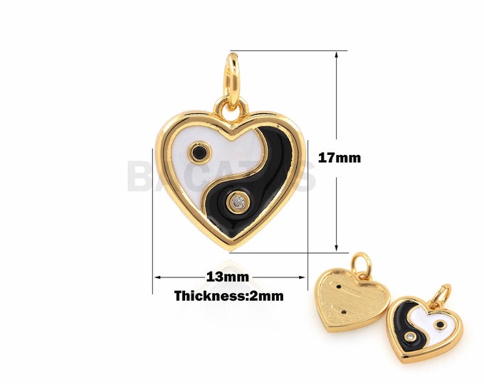 18K Gold Filled Heart Pendant, Chinese Feng Shui Necklace, Tai Chi Pendant Charm, Heart-shaped Enamel Necklace, Feng Shui Charm 17x13x2mm