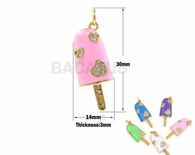 18KGold Filled Ice Cream, Micropavé CZ Enamel Popsicle Ice Cream Pendant, Multicolor Enamel Pendant, DIY Jewelry Charm 30x14x3mm