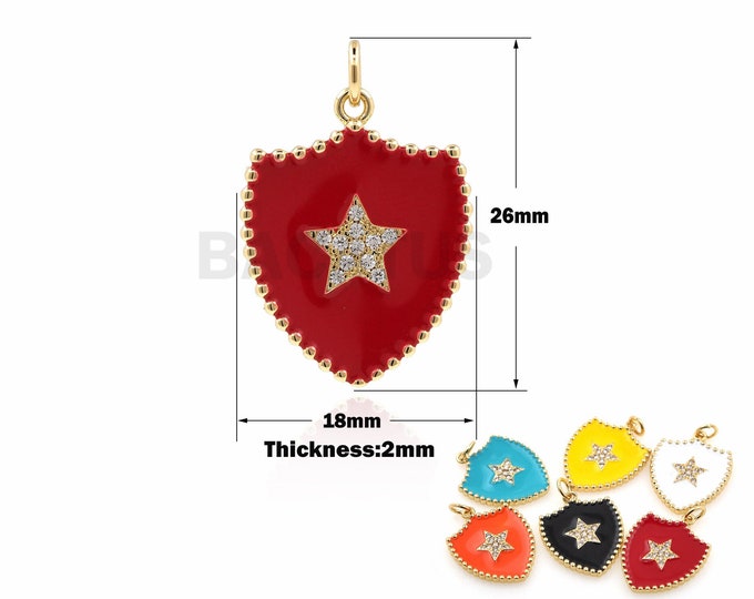 Enamel Star Pendant, 18K Gold Filled Enamel Shield Necklace, Star Pendant, Micropavé CZ Enamel Shield Star Pendant 26x18x2mm