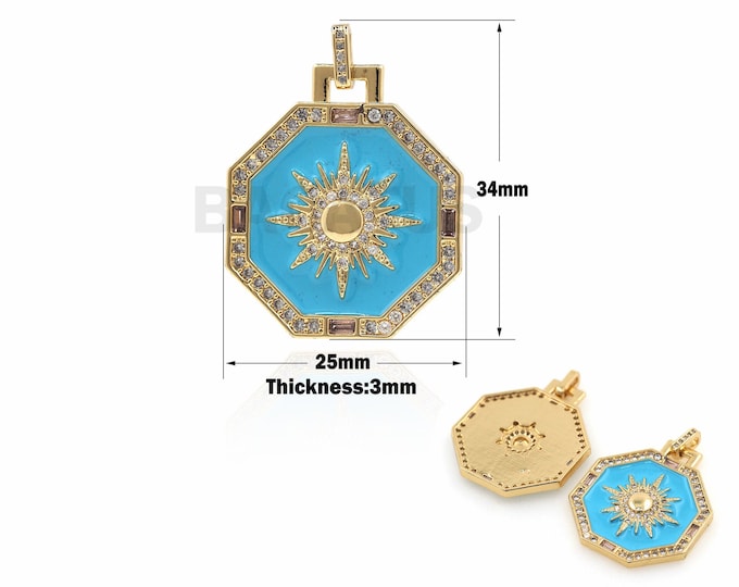 Enameled Sun Tarot Necklace,Polygon Pendant,Sun Tarot Charm,Sun Pendant,18K Gold Filled Tarot Pendant,Micropavé CZ Sun Pendant,34x25x3mm