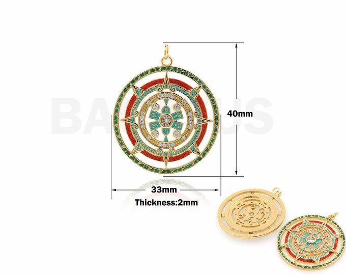 Round Pendant, Lucky Charm, 18K Gold Filled Enamel Charm, Micropavé CZ Compass Necklace, Round Charm, DIY Jewelry Supplies, 40x33x2mm