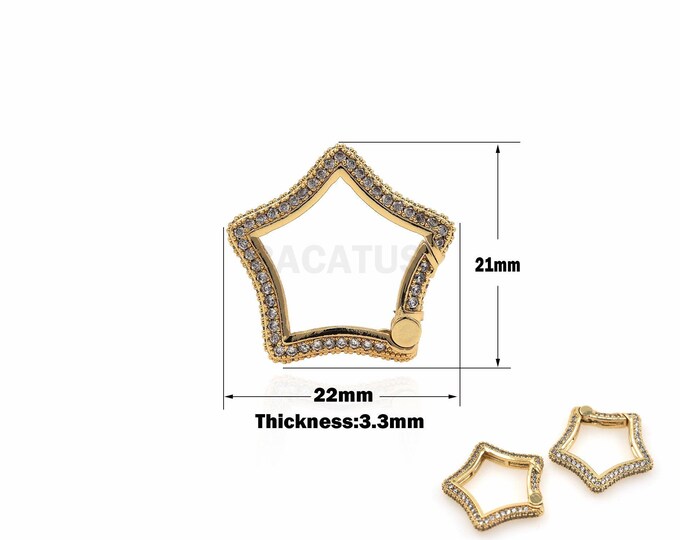 1pcs 18K Gold-Filled Spring Snaps Full CZ Miniature Pave Star Carabiner, Star Charm, Star Buckle, Star Lock DIY Jewelry Making 21x22x3.3mm