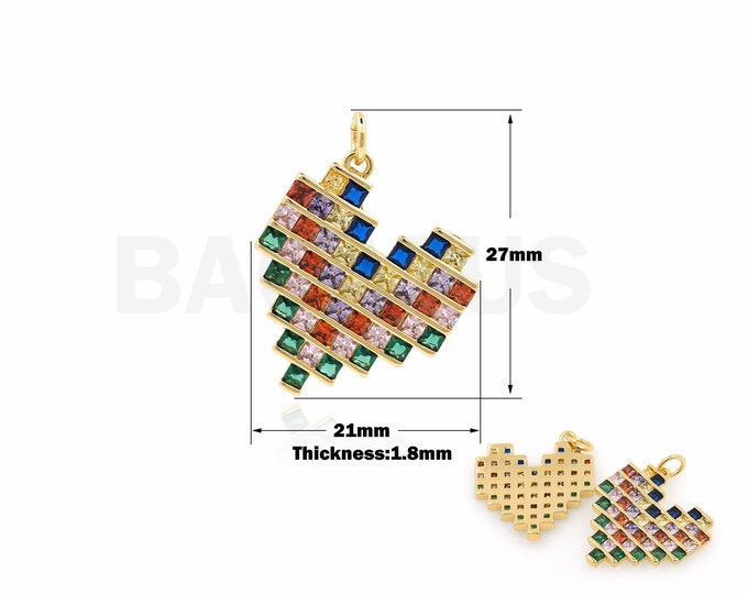Pixel Heart Pendant, Micropavé CZ Love Charm, 18K Gold Filled Pixel Necklace, Heart Charm, DIY Jewelry Supplies, 27x21x1.8mm
