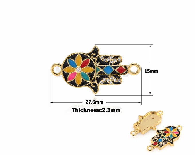 1PCS 18K Enamel Palm Connector Hamsa Hand Charm Small Sunflower Charm Suitable For Bracelets, Necklaces, Jewelry Products 15*27.6*2.3mm