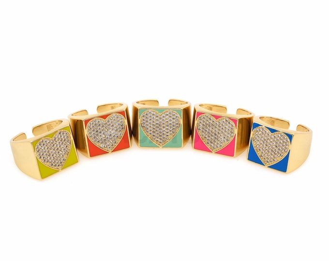 18K Gold filled Ring, Colorful Enamel Micropavé CZ Heart-shaped Ring, Fashion Ring, Daily rRing, Colorful Enamel Ring