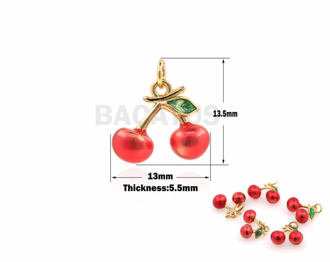 18K Gold Filled Enamel Cherry Pendant, Llovely Cherry Pendant,Fruit Pendant,Little Red Cherry Pendant Necklace 13.5x13x5.5mm