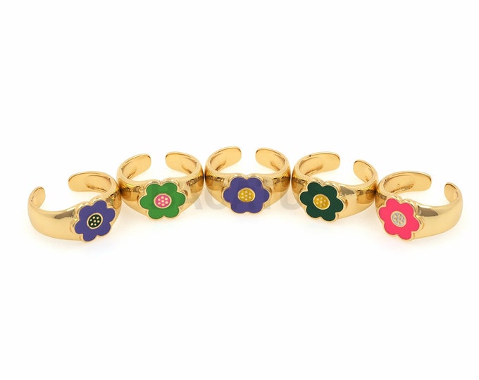 18K Gold Filled Enamel Flower Ring, Sunflower Ring, Daily Ring, Fashion Ring, Delicate Ring, Adjustable ring, gold open ring